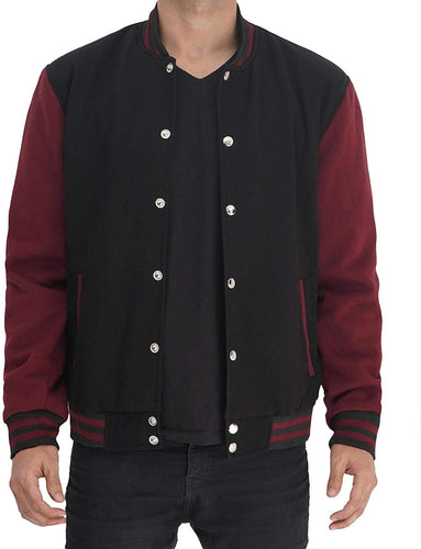 Mens Letterman jacket - Varsity Baseball Men Bomber Jackets With Red Sleeves - Shearling leather