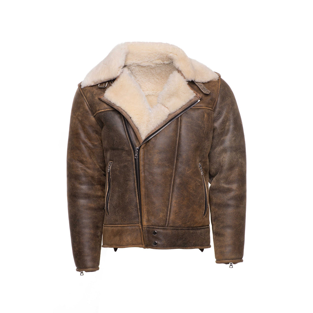 Carter's Distressed Biker bomber shearling jacket with notch lapels - Shearling leather