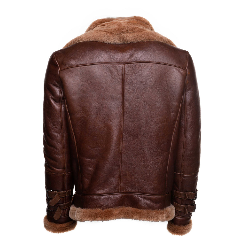 Phan's Brown Aviator bomber shearling jacket with a waist belt - Shearling leather