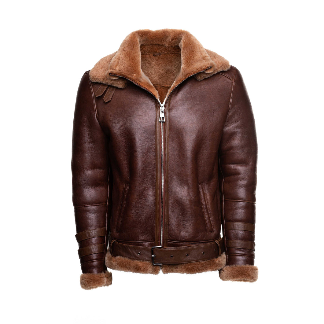 Phan's Brown Aviator bomber shearling jacket with a waist belt - Shearling leather