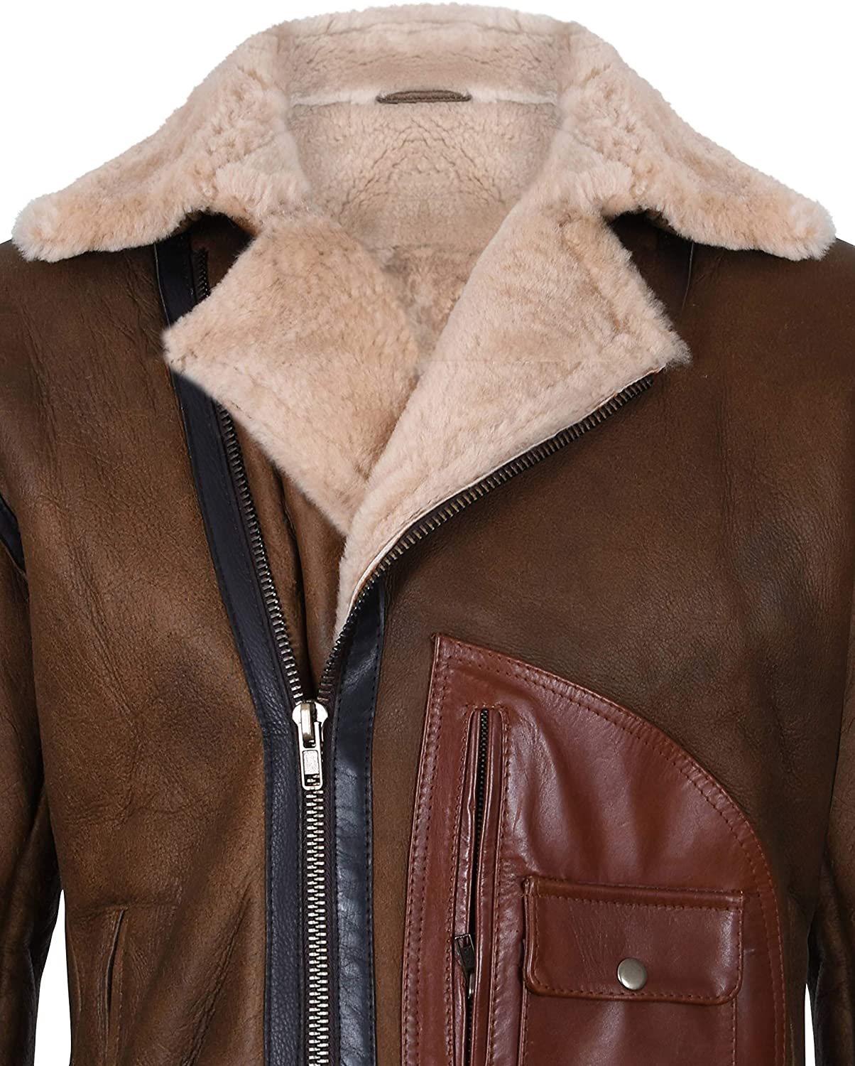 Mens Brown Crossover B3 Sheepskin Aviator Flying Leather Biker Jacket - Shearling leather