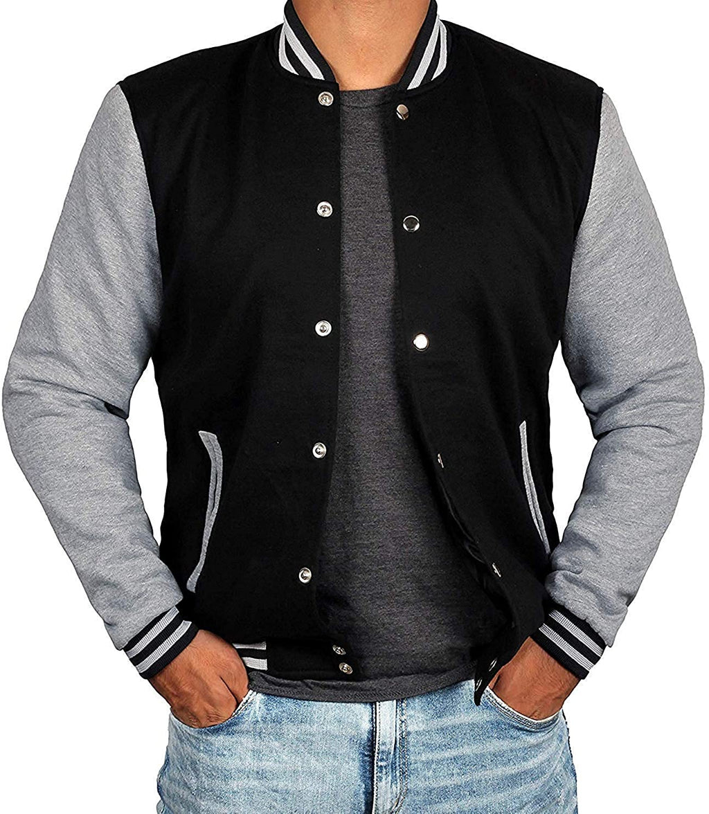 Mens Letterman jacket - Varsity Baseball Men Bomber Jackets With Grey Sleeves - Shearling leather