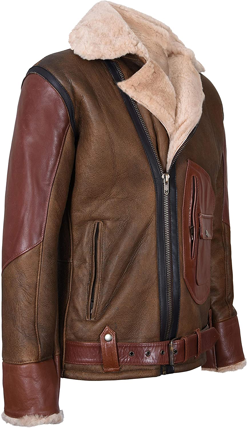 Mens Brown Crossover B3 Sheepskin Aviator Flying Leather Biker Jacket - Shearling leather
