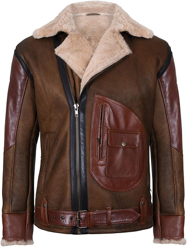 Mens Brown Crossover B3 Sheepskin Aviator Flying Leather Biker Jacket - Shearling leather