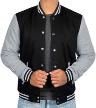 Load image into Gallery viewer, Mens Letterman jacket - Varsity Baseball Men Bomber Jackets With Grey Sleeves - Shearling leather
