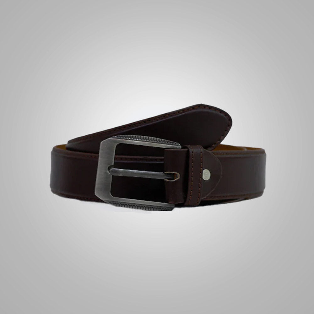 Men New Coffe Leather Belt With Thread Edging