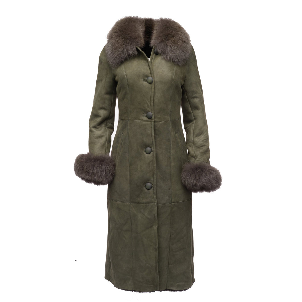 Caitlan's Shearling Sheepskin Long Coat with Fox Fur Trim - Shearling leather