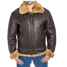 Load image into Gallery viewer, Aviator Faux Fur Brown Men’s Leather Jacket - Shearling leather
