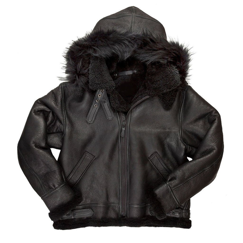 B-3 Black Hooded Bomber Jacket - Shearling leather