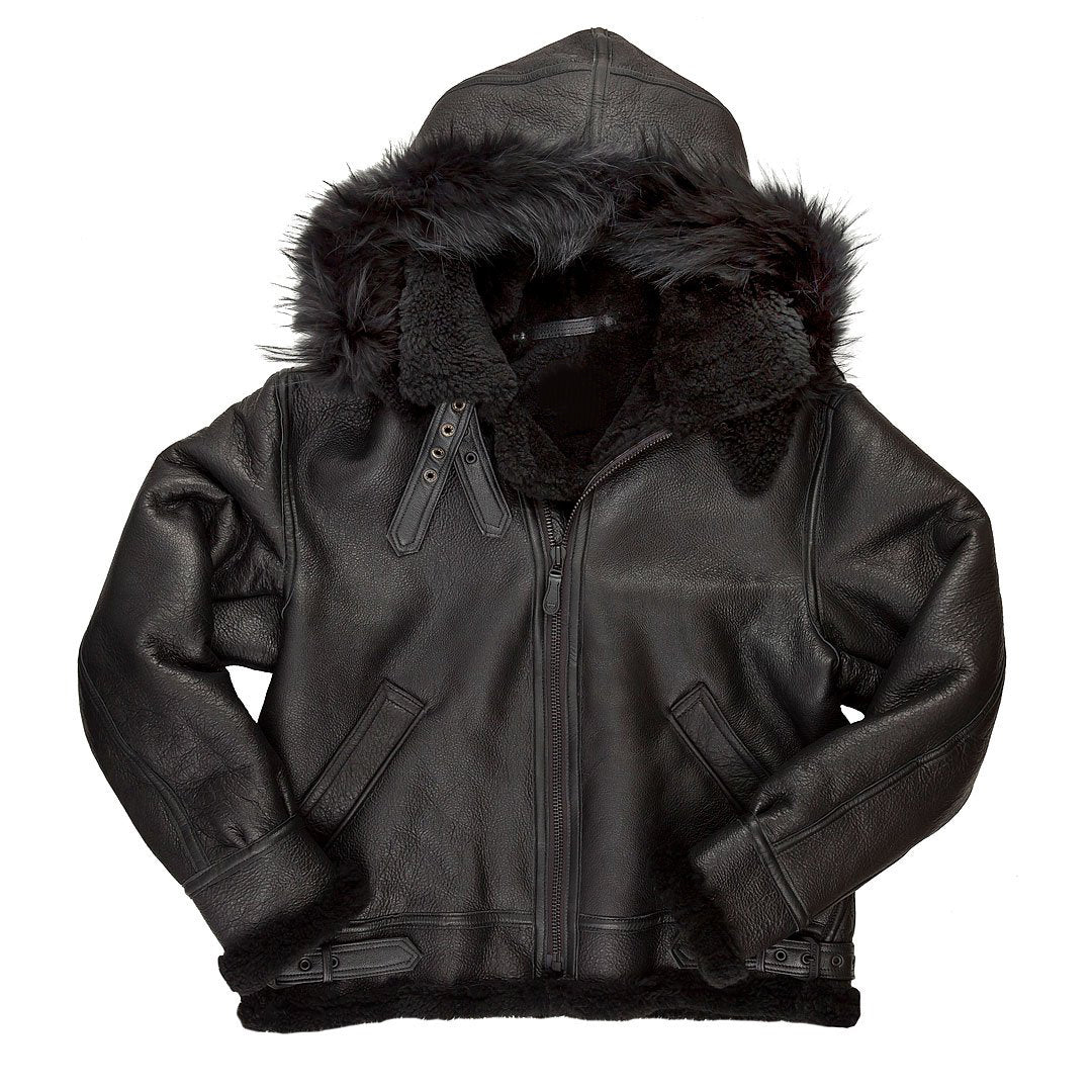 B-3 Black Hooded Bomber Jacket - Shearling leather