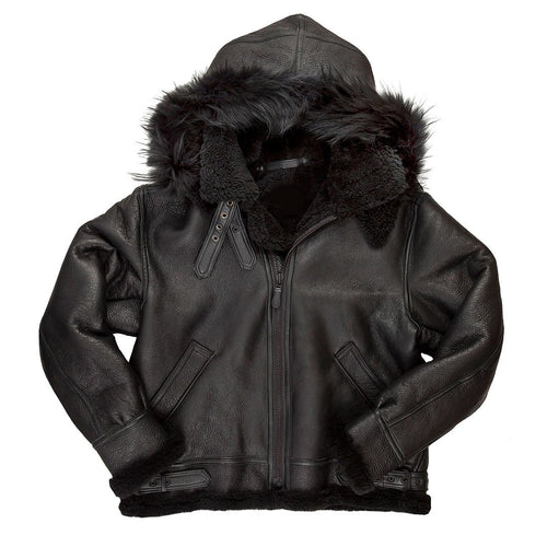 B-3 Black Hooded Bomber Jacket - Shearling leather