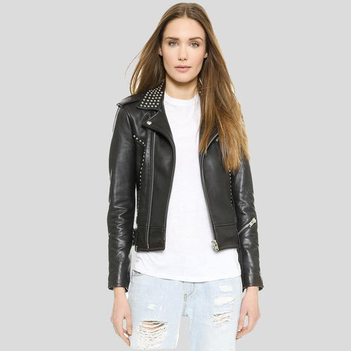 Amia Black Studded Leather Jacket - Shearling leather