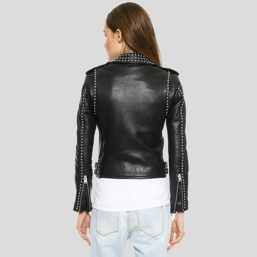 Amia Black Studded Leather Jacket - Shearling leather