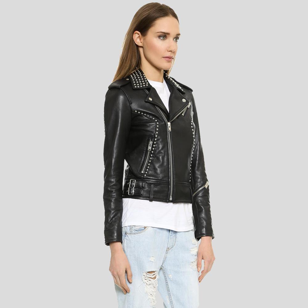 Amia Black Studded Leather Jacket - Shearling leather
