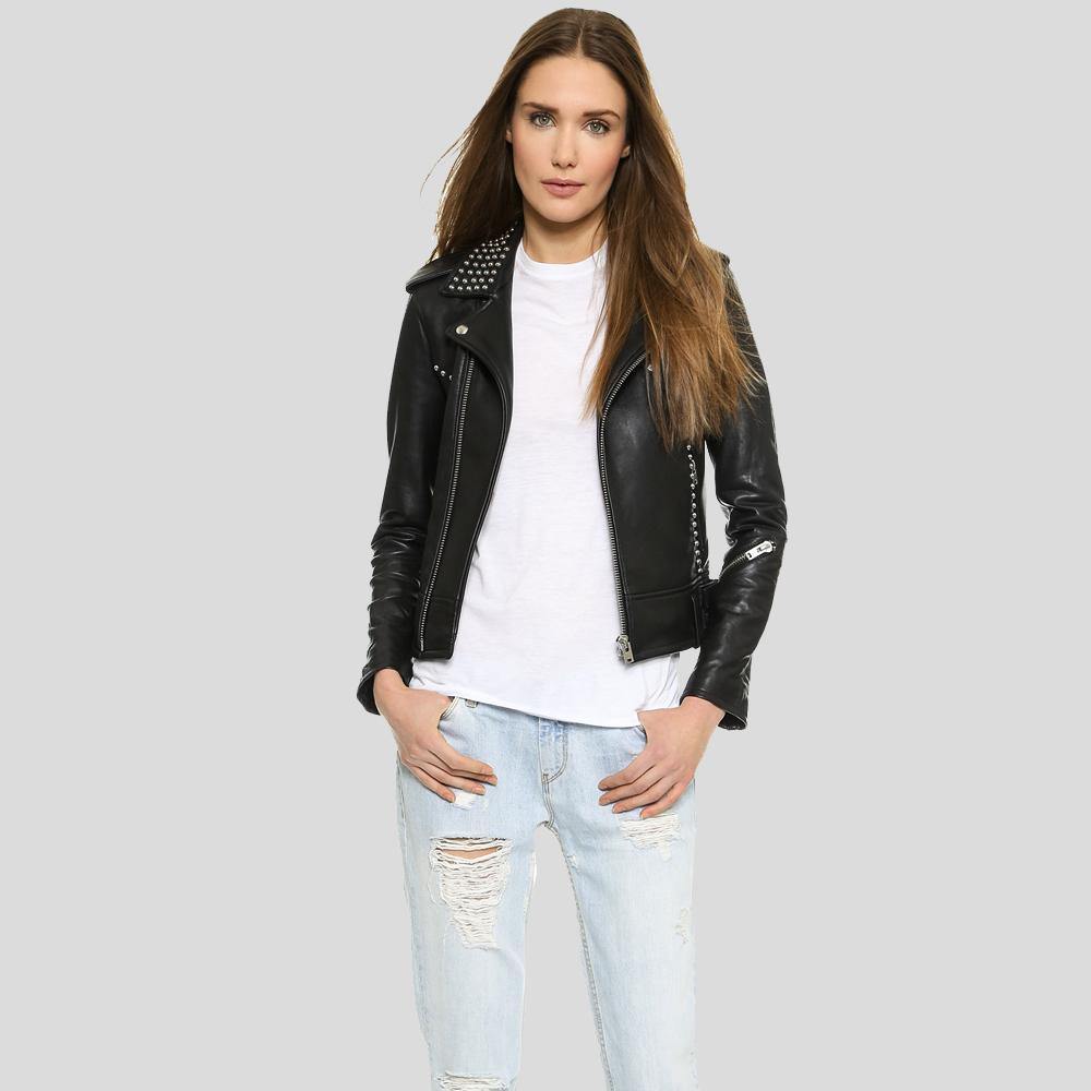 Amia Black Studded Leather Jacket - Shearling leather