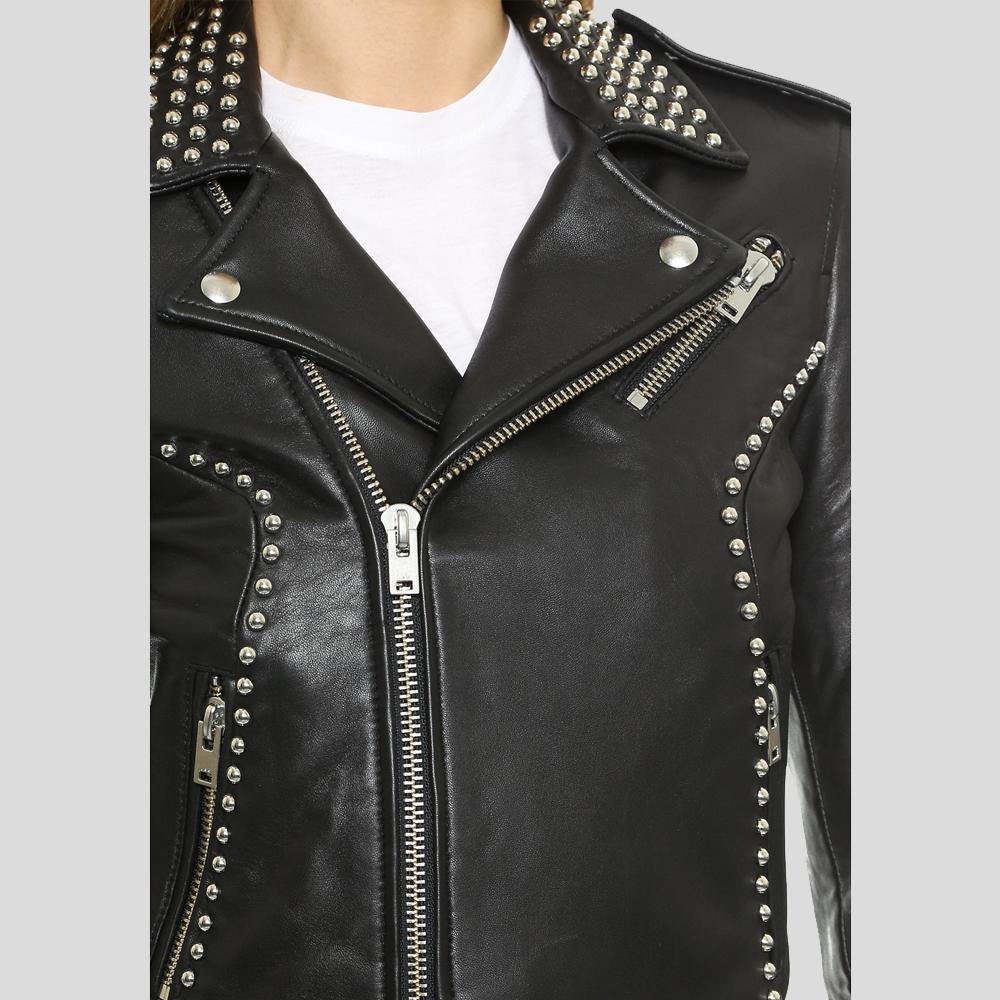 Amia Black Studded Leather Jacket - Shearling leather