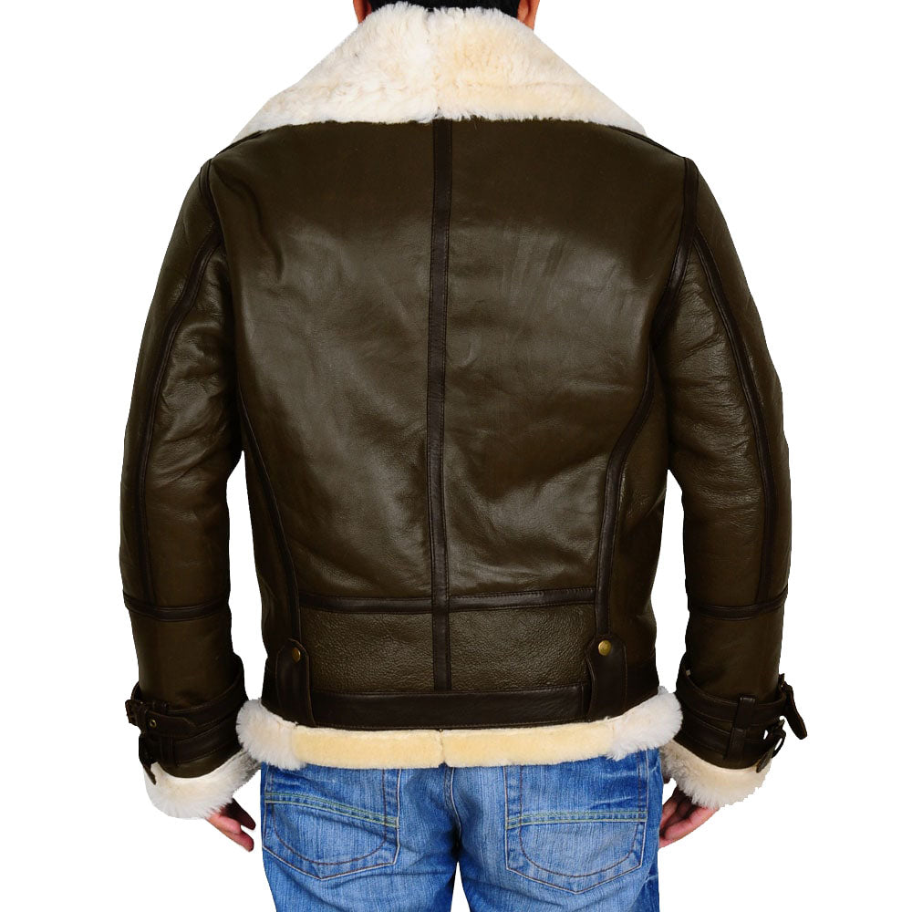 Army Green Men B3 Bomber Shearling Leather Jacket - Shearling leather