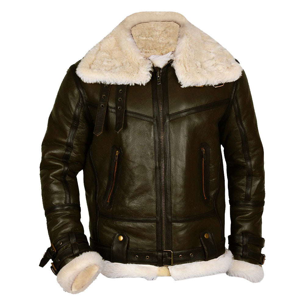 Army Green Men B3 Bomber Shearling Leather Jacket - Shearling leather