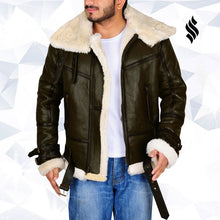 Load image into Gallery viewer, Men Army Green B3 Bomber Sheepskin Shearling Genuine Leather Jacket
