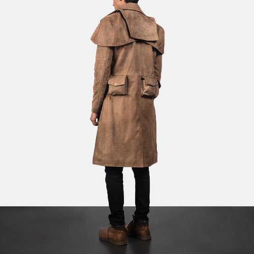 Army Brown Sheepskin Leather Duster Coat