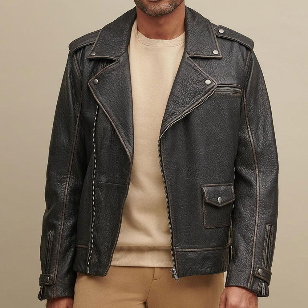 Men's Asymmetrical Motorcycle Real Leather Biker Riding Jacket