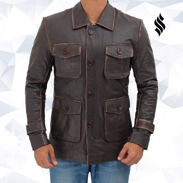 Atlanta Rough Four Button Pockets Man Distressed Brown Leather Jacket - Shearling leather