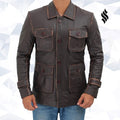 Atlanta Rough Four Button Pockets Man Distressed Brown Leather Jacket - Shearling leather