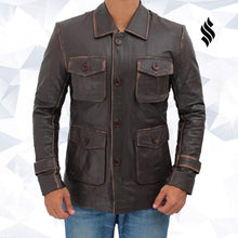 Load image into Gallery viewer, Atlanta Rough Four Button Pockets Man Distressed Brown Leather Jacket - Shearling leather
