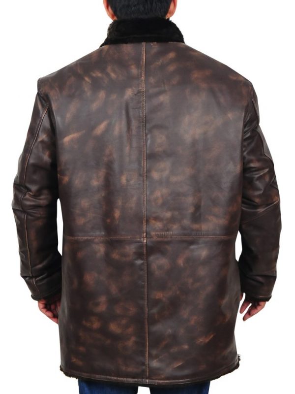 Men Distressed Brown Fur Collar Jacket - Shearling leather