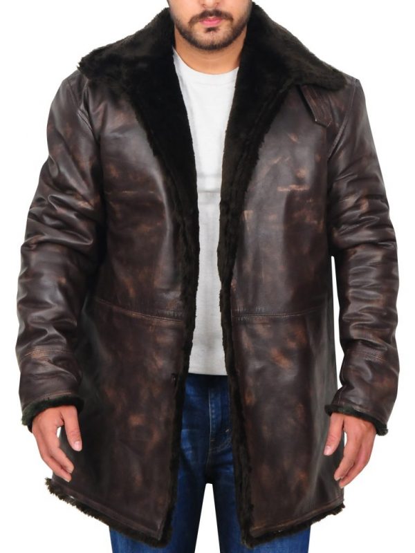 Men Distressed Brown Fur Collar Jacket - Shearling leather