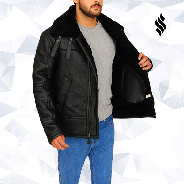 Men B3 Aviator Bomber Sheepskin Black Fur Shearling Leather Jacket On Sale