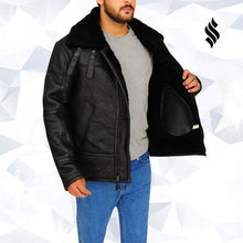 Load image into Gallery viewer, Men B3 Aviator Bomber Sheepskin Black Fur Shearling Leather Jacket On Sale
