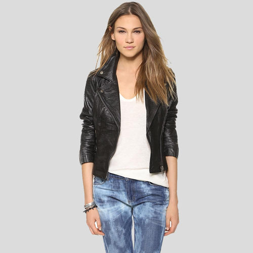 Azaria Black Motorcycle Leather Jacket - Shearling leather