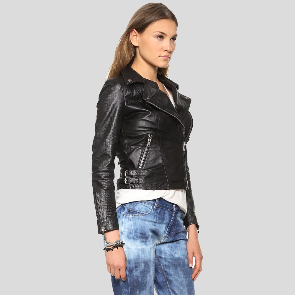 Azaria Black Motorcycle Leather Jacket - Shearling leather