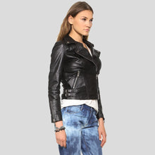 Load image into Gallery viewer, Azaria Black Motorcycle Leather Jacket - Shearling leather
