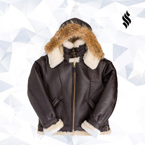 B-3 Hooded Sheepskin Bomber Leather Jacket - Shearling leather