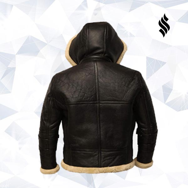 B3 Black Bomber Real Shearling Leather Jacket Removable Hooded - Shearling leather