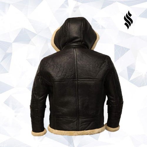 B3 Black Bomber Real Shearling Leather Jacket Removable Hooded - Shearling leather