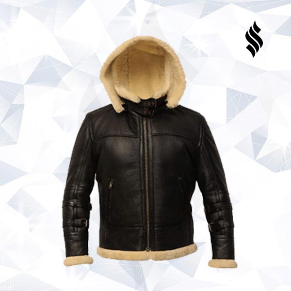 B3 Black Bomber Real Shearling Leather Jacket Removable Hooded - Shearling leather