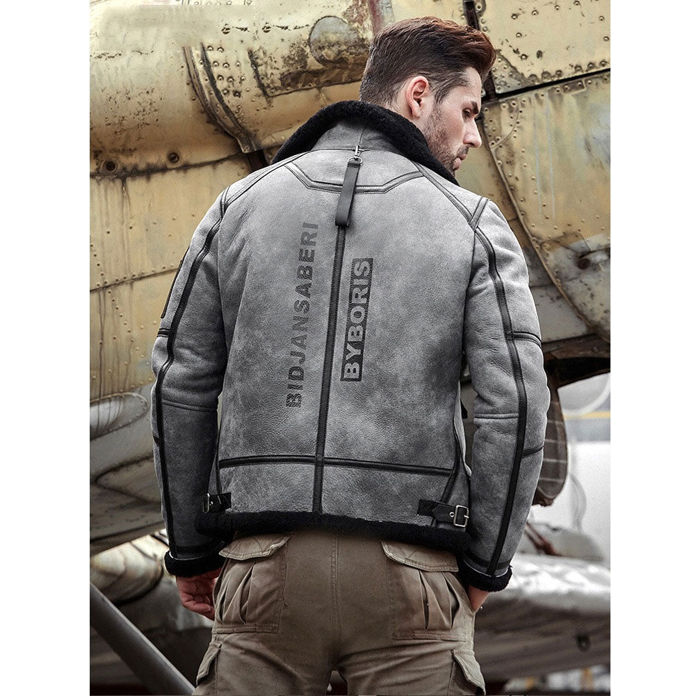 Men Grey B3 Bomber Shearling Real Leather Aviator Jacket