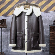 Load image into Gallery viewer, B3 Bomber Jacket Hooded Leather Jacket Shearling Coat Mens Brown
