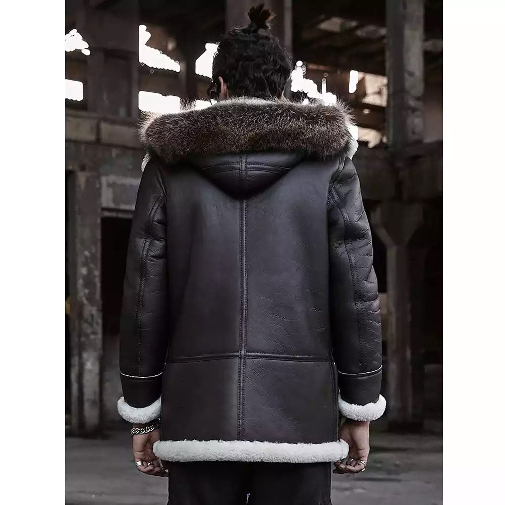 WW2 B3 Bomber Jacket Hooded Fur Real Leather Jacket Shearling Coat Mens Brown