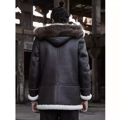 WW2 B3 Bomber Jacket Hooded Fur Real Leather Jacket Shearling Coat Mens Brown