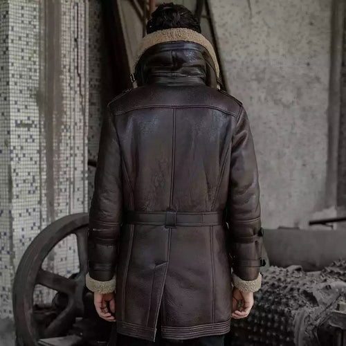 Men standing wearing shearling coat 