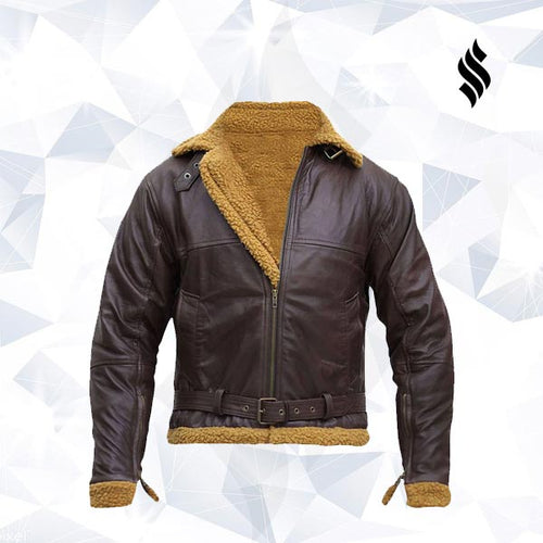 B3 Men Flying Aviator Winter Shearling Fur Pilot Sheepskin Bomber Leather Jacket - Shearling leather