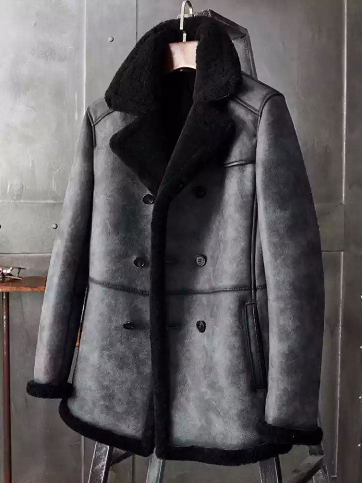 Men B3 Shearling Long Coat Overcoat Hunting Distressed Real Leather Jacket