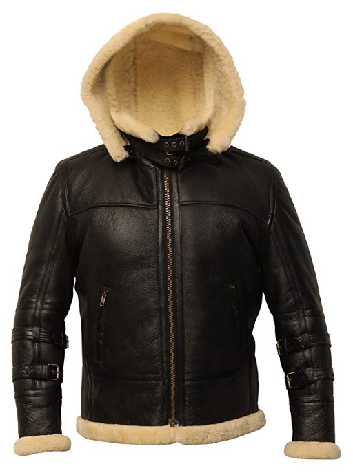 B3 Shearling Removable Hood Black Jacket - Shearling leather
