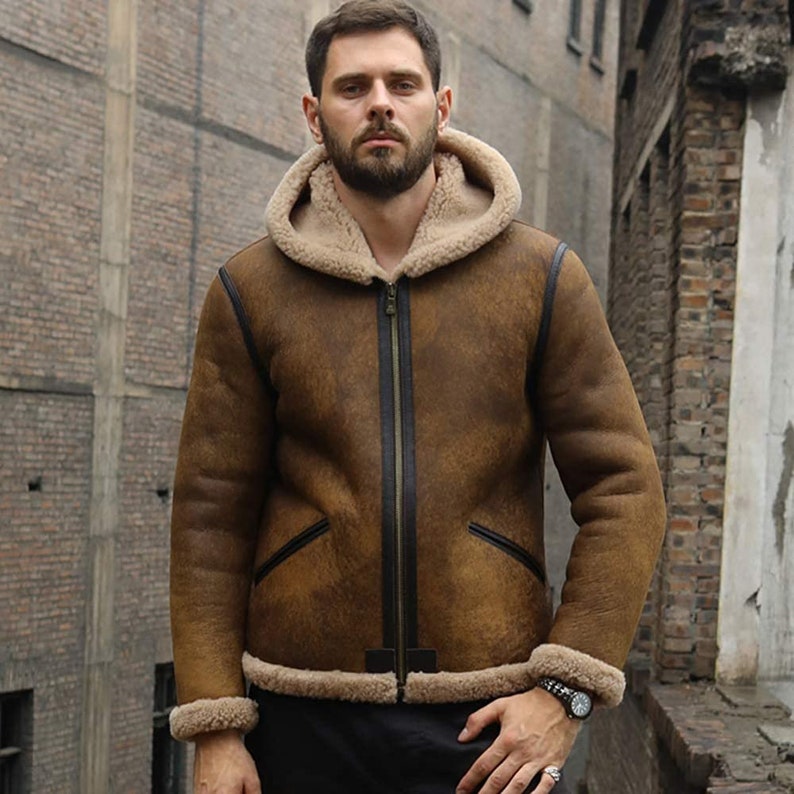 Men's Brown Shearling Aviator Leather Bomber Jacket With Fur