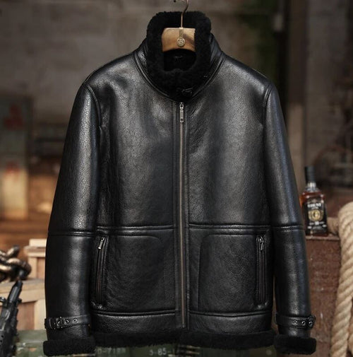 zipper closed view of black shearling jacket