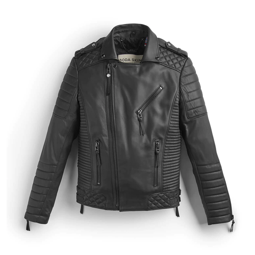 Black Leather Biker Jacket With Pattern For Men
